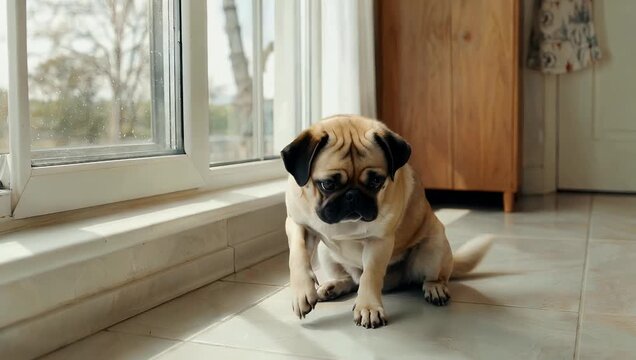 Domestic 4K high quality footage of a friendly Beagle dog sitting peacefully at home on the floor near a window occasionally barking illustrating the concept of man's best friend resting comfortably