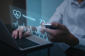 A person monitors heart rate data on a laptop, showcasing health technology with a digital...