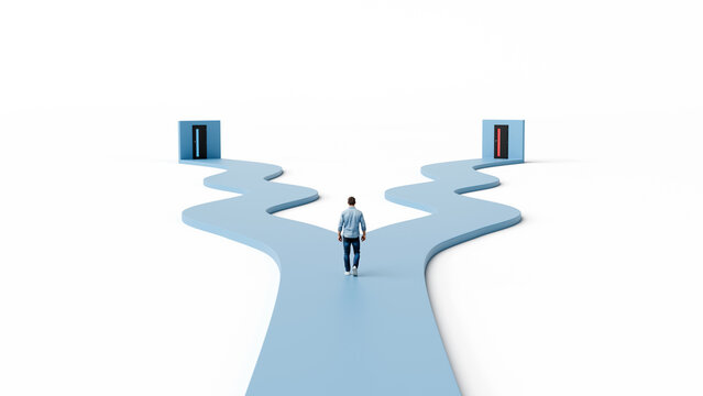 Man walks on path splitting toward different doors showing choice decision crossroads and future opportunity, 3d render