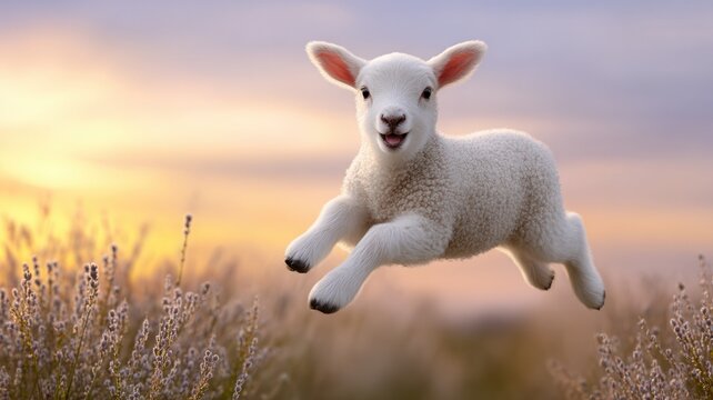 Little lamb leaping happily in springtime field during golden hour representing innocence, joy, and new beginnings