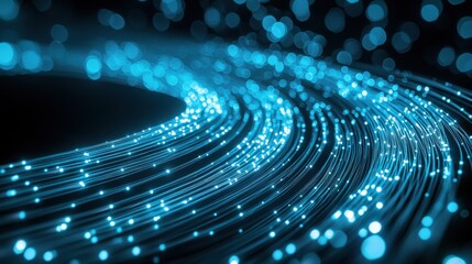 Glowing cable paths curved fiber optic strands luminous blue light trails flowing data transmission network infrastructure technology background depth field