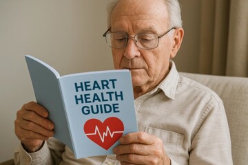 Senior man reading heart health guide brochure while sitting indoors.