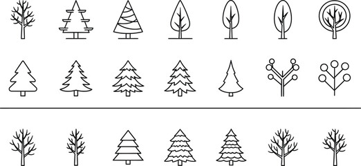 Minimal Linear Tree Icons Collection – Seasonal & Nature Outline Set