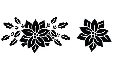 Black silhouette of poinsettia flower arrangement with holly leaves and berries on a white background vector