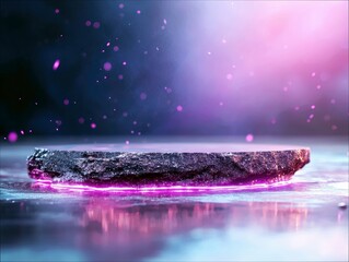 A stone platform with a glowing neon ring, set in an abstract environment with floating particles and a blurred background.