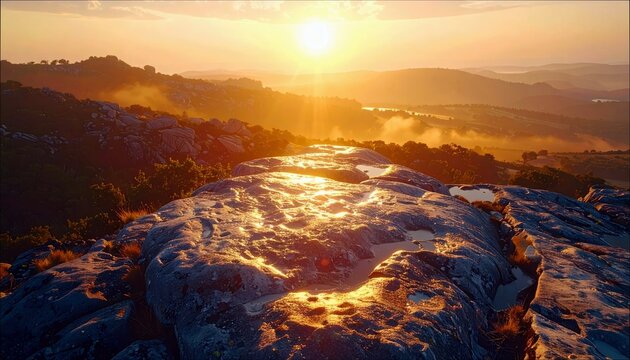 A scenic landscape with a rocky foreground and mountains in the distance, bathed in the warm light of a sunset.