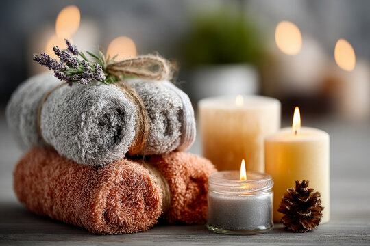 Soft towels stacked with candles and lavender creating a serene spa atmosphere for relaxation - Powered by Adobe