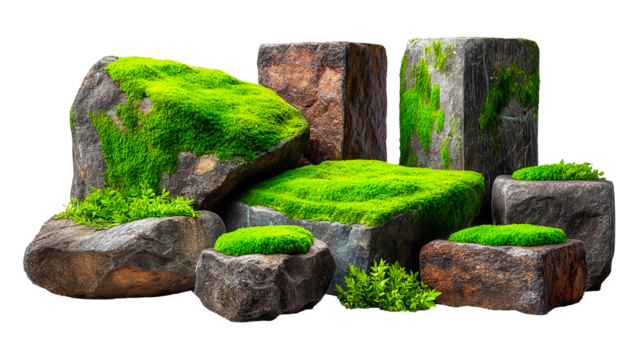 Various stones covered with vibrant green moss on a transparent background. The rocks vary in size and shape, showcasing natural textures and colors.