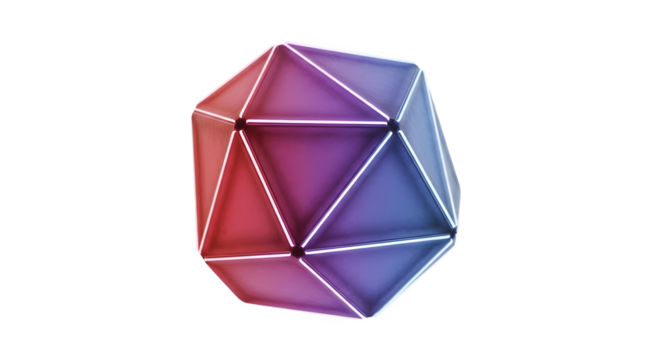 Geometric Icosahedron with Gradient Colors and White Lines on White Background.