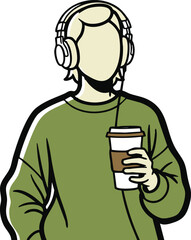 Stylized green figure with headphones enjoys coffee, perfect for modern lifestyle brands and music promotions - cool minimalist design for fresh campaigns