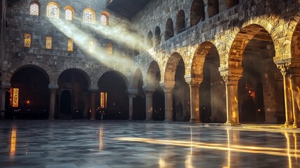 Interior view of a historical building with sunlight streaming through stained glass windows, creating a dramatic and atmospheric effect.