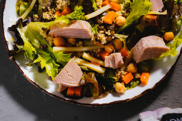 Bowl of salad with tuna steak