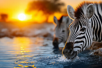 Naklejka premium Zebras drinking water at sunset, showcasing natural beauty and wildlife in serene environment