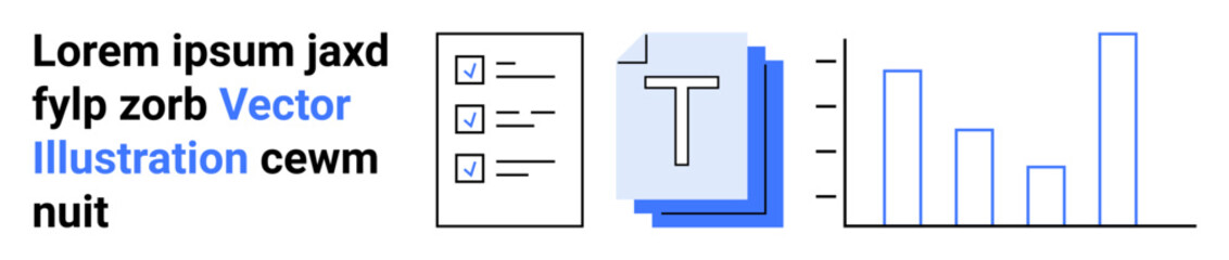 Business planning, workflow organization, data presentation, document management, productivity tools, task tracking. Checklist, document icon and bar chart. Business planning and workflow