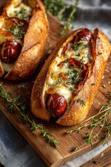 Gourmet hot dogs in baguette with melted cheese and fresh thyme
