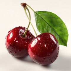 Two fresh red cherries with a green leaf and water drops