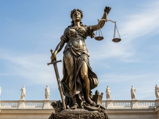 Obraz premium Statue of Themis, goddess of justice, detailed bronze sculpture with blindfold and sword 