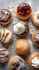 Assortment of sweet donuts with various toppings
