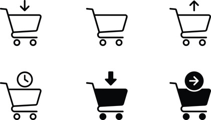 A set of four minimal line art vector icons representing shopping cart actions: adding, removing, confirmation checkmark, and clearing for e-commerce interfaces. © MstBabli