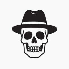 Black and White Skull Wearing a Fedora Hat outline