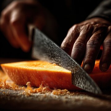 Carved menacing look hands with sharp knife cutting orange pumpkin flesh shavings texture dramatic lighting Halloween jack-o'-lantern preparation close-up detail