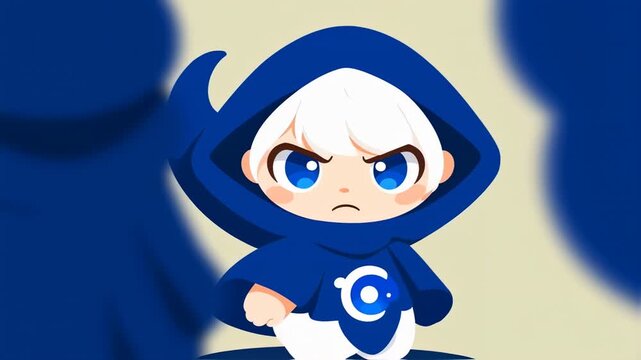 A cartoon-style character with white hair and blue eyes, wearing a dark blue hooded cape, with an angry face