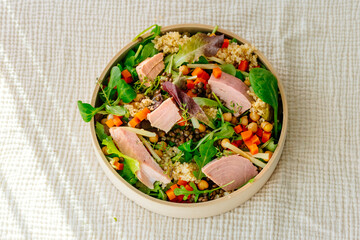 Bowl of salad with tuna steak