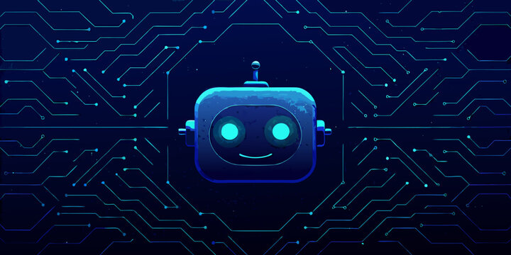 Cute robot with circuit board background in blue tones