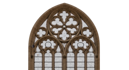 Ornate Gothic Window with Intricate Stone Carvings and Clear Glass Panes.