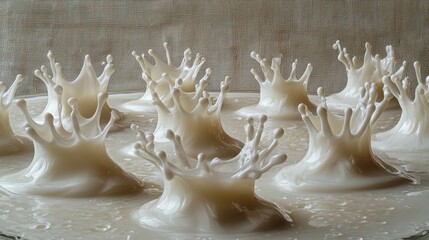 Crown liquid splash multiple milk formations captured in high-speed macro photography showing intricate surface tension and droplet dynamics in glass dish