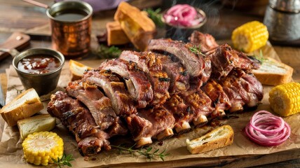 Mesquite smoked pork ribs with rich mahogany bark served on rustic wooden cutting board with barbecue sauce, grilled corn and pickled red onions