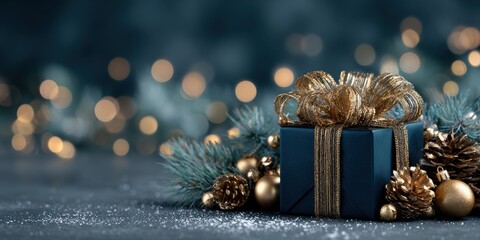Blue gift box with gold ribbon surrounded by pine cones and festive holiday decor