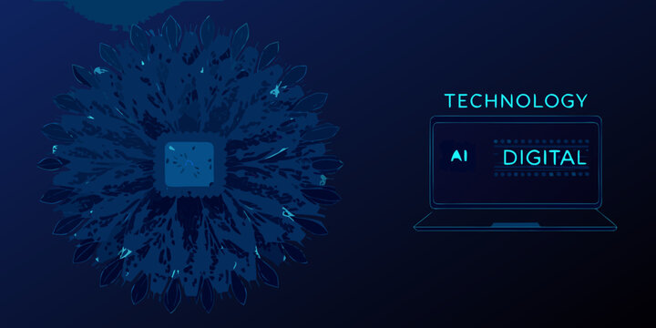 Digital technology with ai and computer chip design on dark blue background