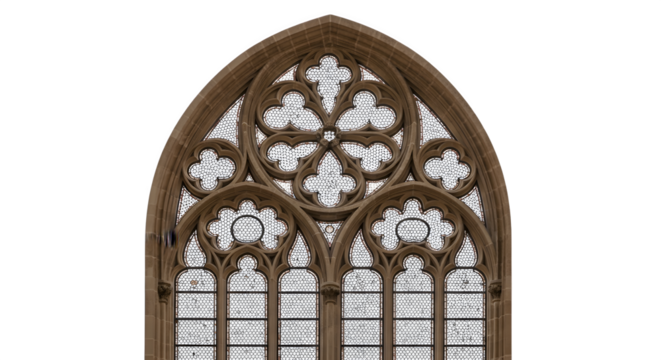 Ornate Gothic Window with Intricate Stone Carvings and Clear Glass Panes.