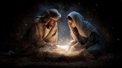 Nativity scene with Mary Joseph and baby Jesus glowing in a manger at night