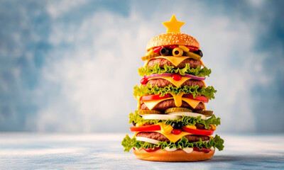 A Christmas tree made from a juicy, multi-layered, and mouth-watering cheeseburger on a blue background with space for your advertising. Christmas holiday concept.