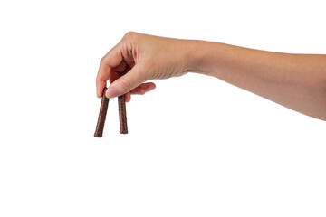 Chocolate bar in hand on transparent background