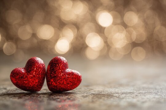 Two glittery red hearts rest on a textured surface with warm bokeh lights creating a romantic and festive mood