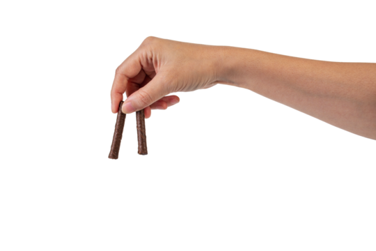Chocolate bar in hand on transparent background
