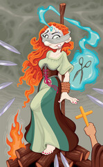 A witch fights at the stake. Vector cartoon horror illustration.
