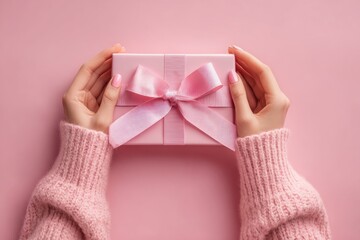 Pink gift box with ribbon held by hands in pink sweater on soft pink background