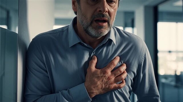 Middle aged european businessman having chest pain heart attack in modern office workplace