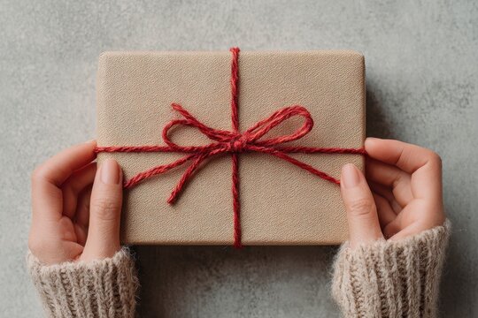 Gift wrapped present held by cozy hands with red string ribbon in soft sweater style