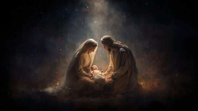 Nativity scene with baby in manger lit by gentle glow, parents adoring and humble