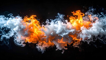 A dynamic abstract composition of swirling fiery orange and icy white smoke against a dark backdrop