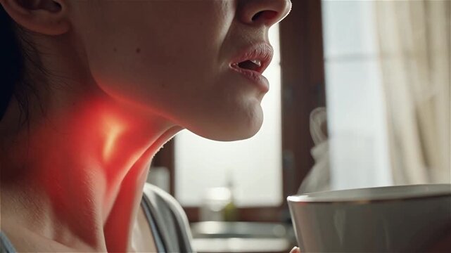Young European woman experiencing severe sore throat pain while drinking hot tea in bright modern kitchen during morning