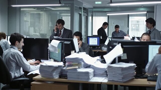 Busy Asian business office workers handling paperwork crisis with overwhelming document stacks during deadline rush hour workplace chaos