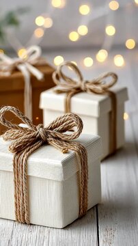 Elegant gift boxes with twine bows under cozy string lights for festive atmosphere