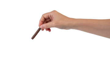 Chocolate bar in hand on transparent background