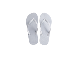 A pair of white flip-flops with textured soles and straps, designed for casual wear and comfort
